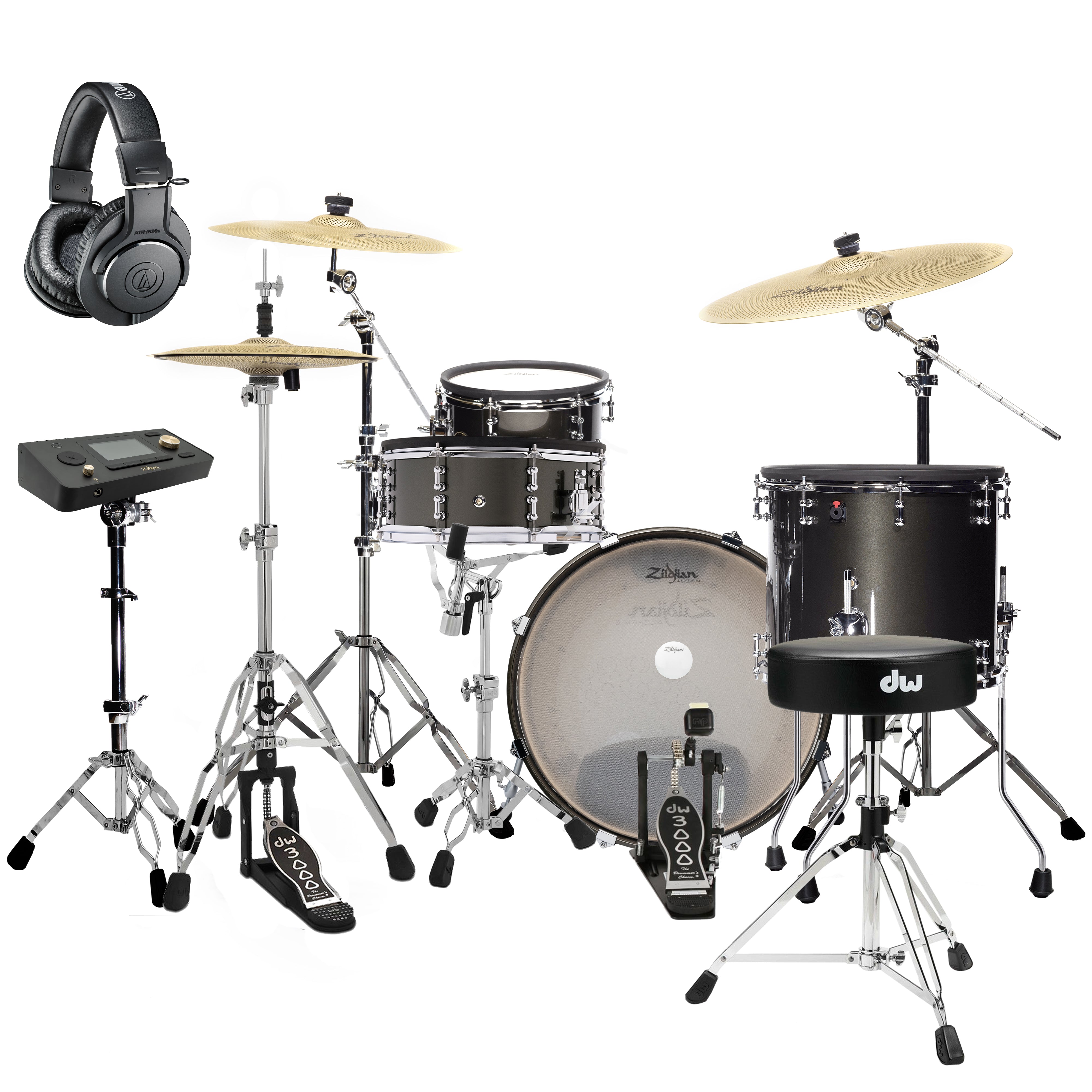 Collage of the Zildjian ALCHEM-E Gold Electronic Drum Kit DRUM ESSENTIALS BUNDLE