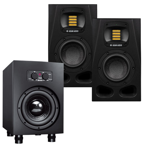 Collage of the ADAM Audio A4V 4" Active Studio Monitor Speaker SUB BUNDLE showing included subwoofer