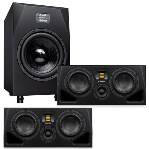 Collage of everything included in the ADAM Audio A77H 2x7" Active Studio Monitor Speaker SUB BUNDLE
