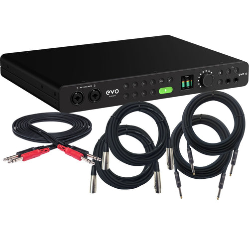 Collage showing components in Audient Evo 16 24in/24out USB-C Audio Interface CABLE KIT