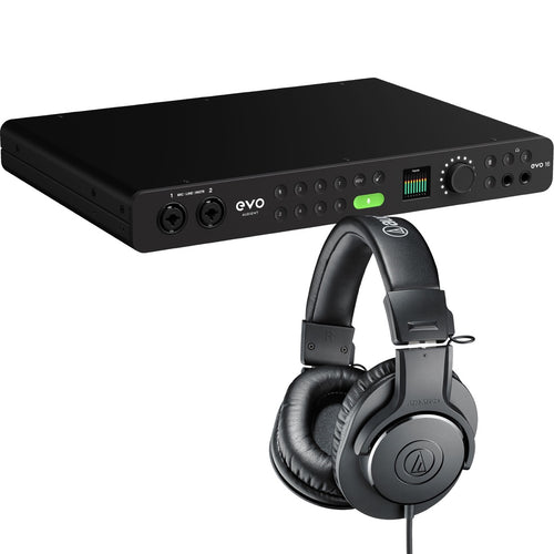 Collage showing components in Audient Evo 16 24in/24out USB-C Audio Interface STUDIO KIT