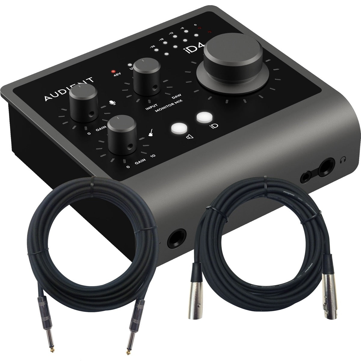 Collage showing components in Audient iD4 MkII 2in/2out USB-C Audio Interface CABLE KIT