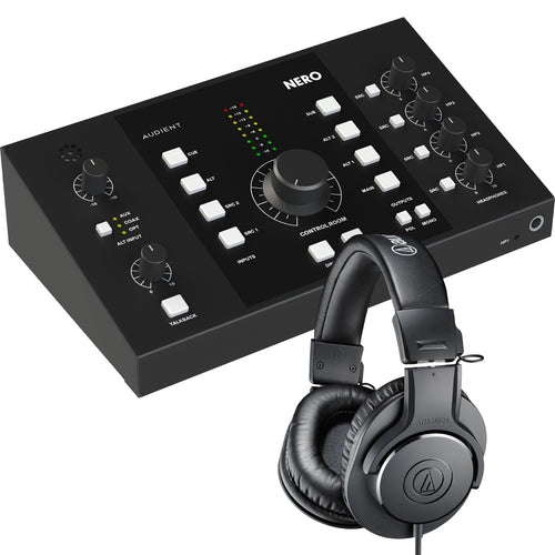 Collage showing components in Audient Nero Desktop Monitor Controller STUDIO KIT