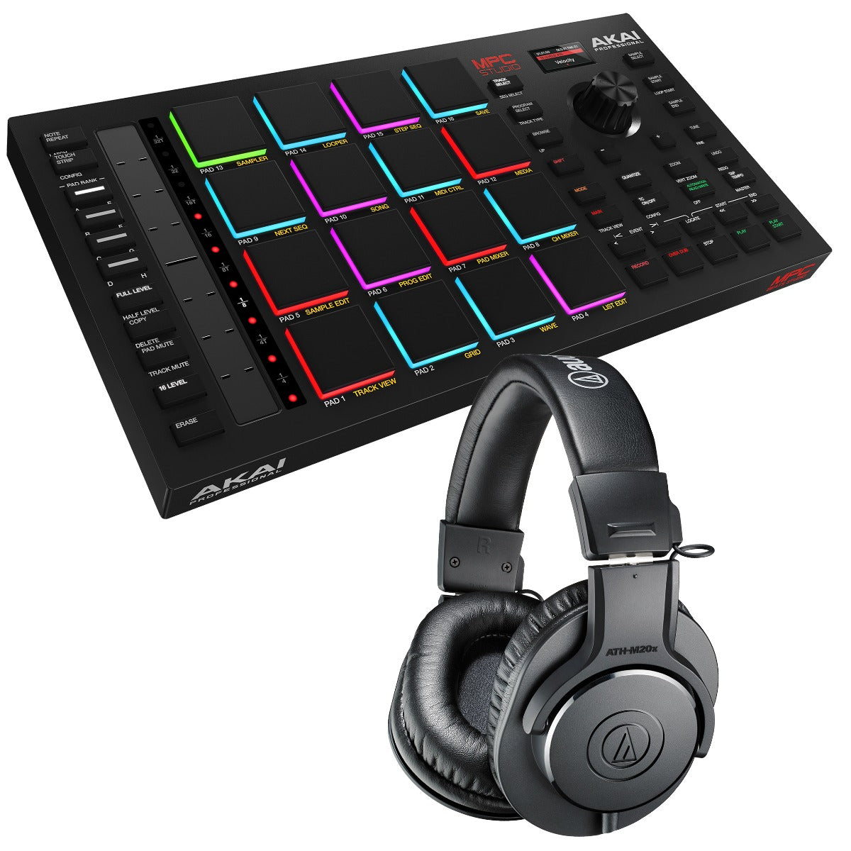 Collage showing components in the Akai Professional MPC Studio with MPC 2 Software STUDIO KIT bundle