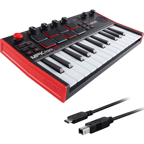 Collage showing components in Akai Professional MPK Mini Play Mk3 Keyboard with Built-In Speaker CABLE KIT