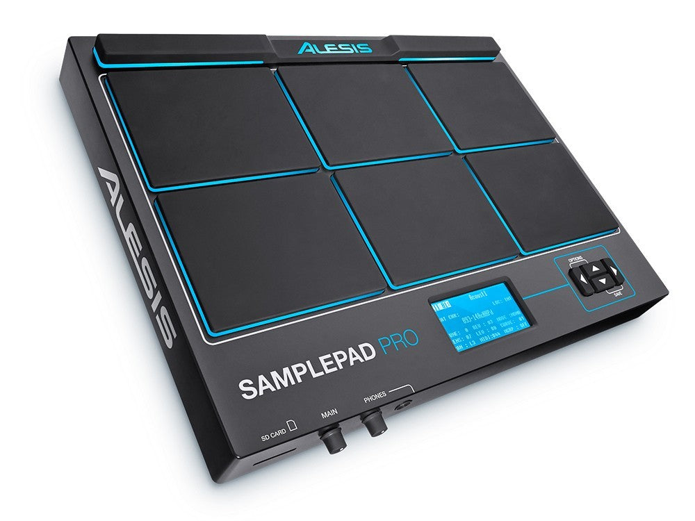 Angle tilted view of the Alesis SamplePad Pro 8-Pad Percussion and Sample-Triggering Instrument from the left
