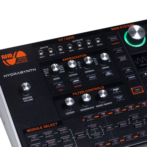 Detail top view of ASM Hydrasynth Desktop/Rack Polyphonic Wavemorphing Synthesizer showing left-hand side of control panel