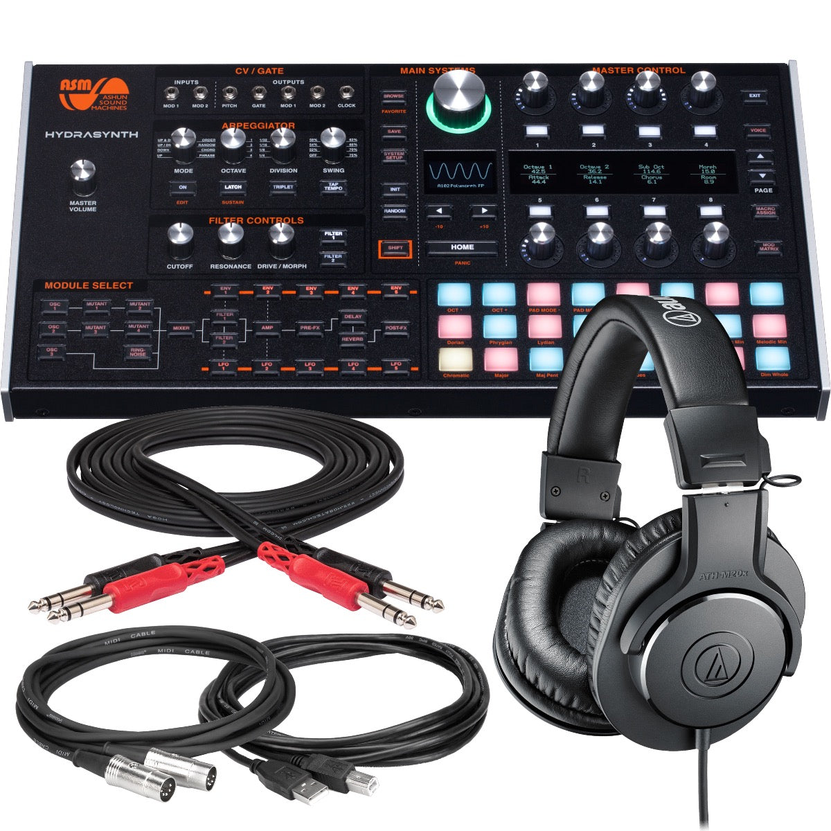 Bundle collage showing components in ASM Hydrasynth Desktop/Rack Polyphonic Wavemorphing Synthesizer STUDIO KIT bundle