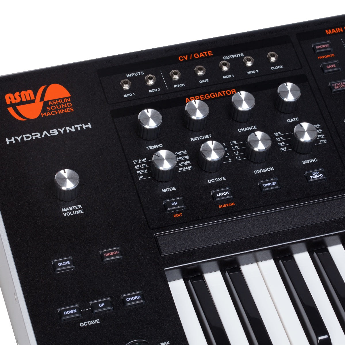 Detail view of ASM Hydrasynth Keyboard Polyphonic Wavemorphing Synthesizer showing left-hand portion of control panel