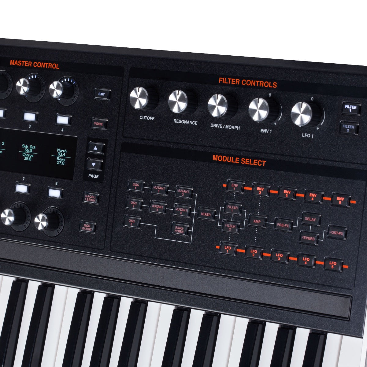 Detail view of ASM Hydrasynth Keyboard Polyphonic Wavemorphing Synthesizer showing right-hand portion of control panel