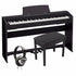 collage of items included in the Casio Privia PX-765 Digital Piano - Black HOME ESSENTIALS BUNDLE