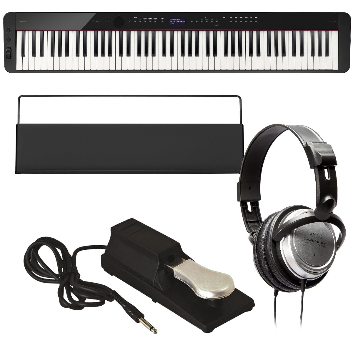 Collage of the components in the Casio PX-S3100 Digital Piano - Black BONUS PAK bundle