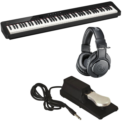 Collage of the Casio PX-S5000BK Digital Piano - Black BONUS PAK showing included components