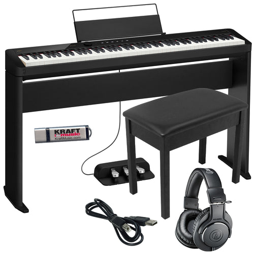 Collage of the Casio PX-S5000BK Digital Piano - Black COMPLETE HOME BUNDLE showing included components