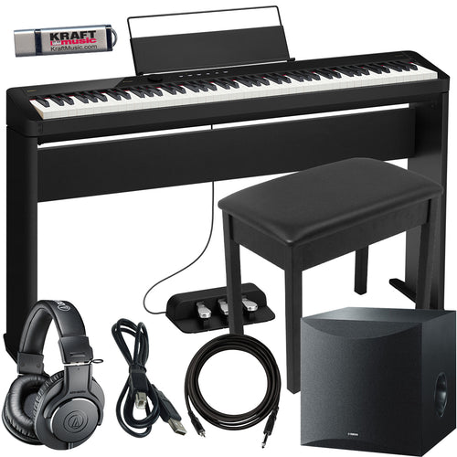 Collage of the Casio PX-S5000BK Digital Piano - Black COMPLETE HOME BUNDLE PLUS SUBWOOFER showing included components