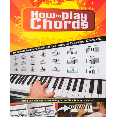 Front cover of the book or booklet titled "How to Play Chords" by Mclub Publishing, showing a bright orange and yellow design, piano keys, sheet music examples, and a hand pressing keys. On the bottom it says "Bring this Book to life using Our Online Reference Videos"