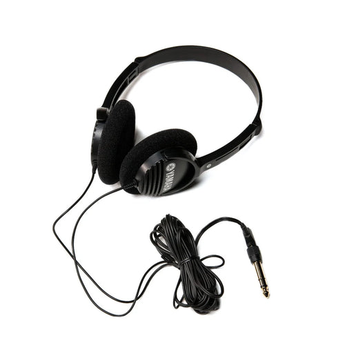 Black over-ear wired headphones with a coiled cable and a gold-plated 1/4-inch jack, shown on a plain white background.