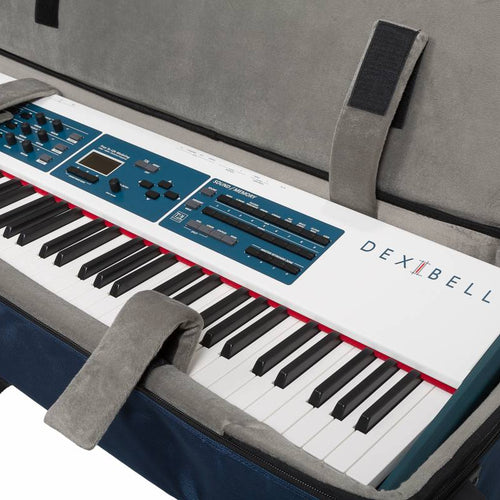 Interior view of Dexibell DX BAGS9S7PRO 88-Key Padded Keyboard Case with Wheels showing keyboard in place (sold separately)