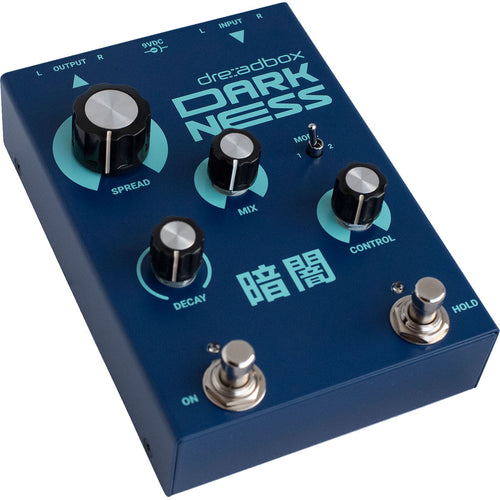 3/4 view of Dreadbox Darkness Stereo Shimmer Reverb Effects Pedal showing top, front and left side