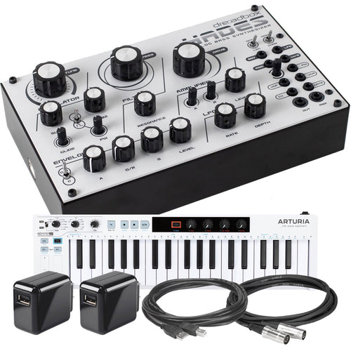 Collage showing components in Dreadbox Hades Reissue Monophonic Analog Bass Synthesizer CONTROLLER RIG