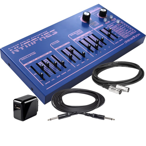Collage showing components in Dreadbox Nymphes Desktop Polyphonic Analog Synthesizer POWER & CABLE KIT