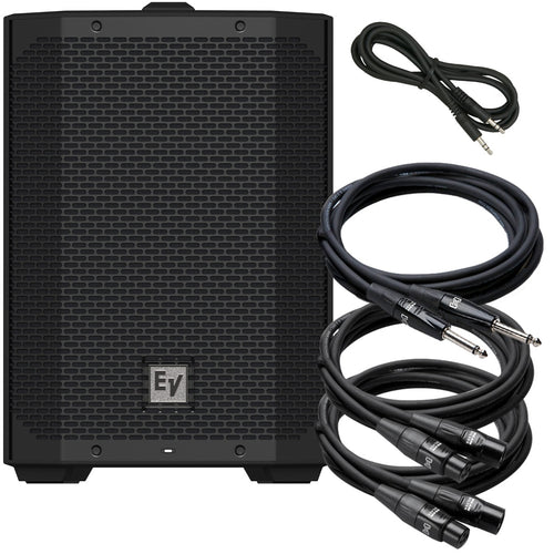 Collage of the EV Everse 8 2-way Battery Powered Speaker - Black CABLE KIT showing included components