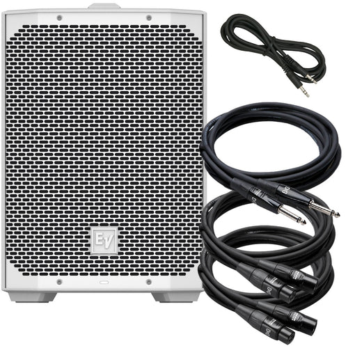 Collage of the Electro-Voice Everse 8 2-way Battery Powered Speaker - White CABLE KIT showing included components