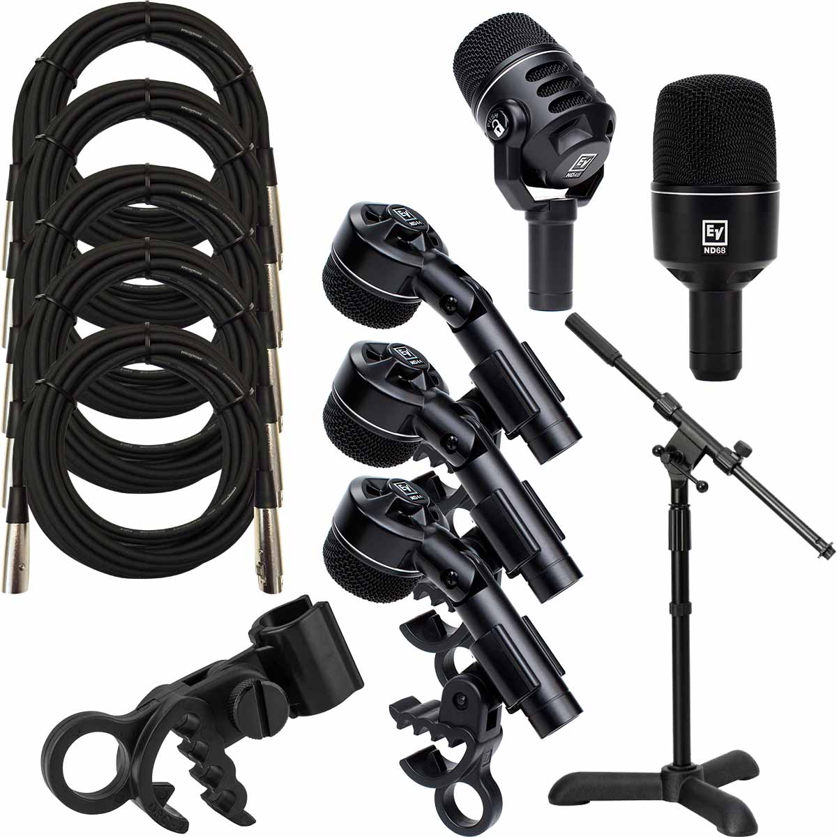 Collage of everything included with the Electro-Voice ND68 Kick Drum Mic STAGE RIG