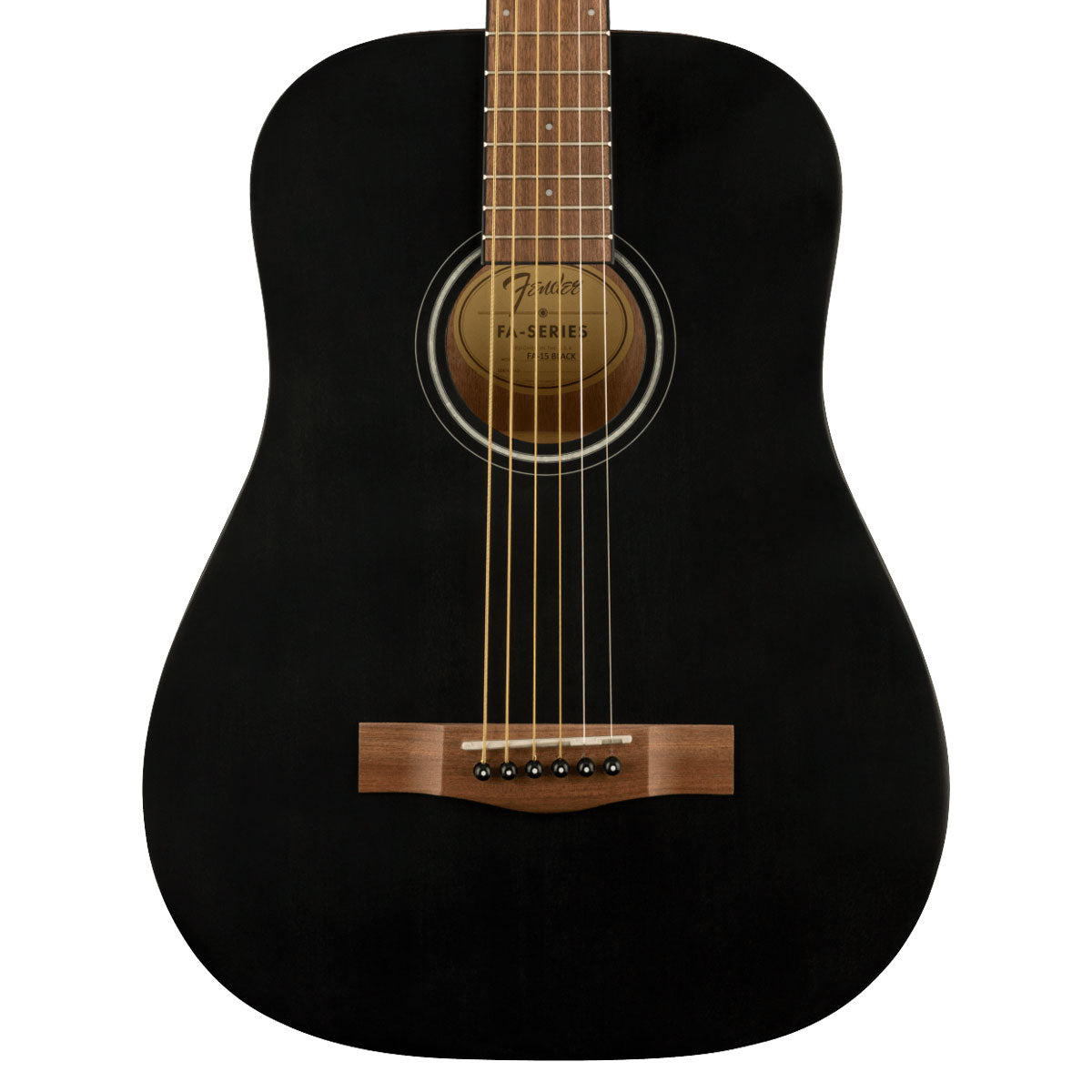 Close-up top view of Fender FA-15 3/4 Steel Acoustic Guitar - Black showing body and portion of fretboard