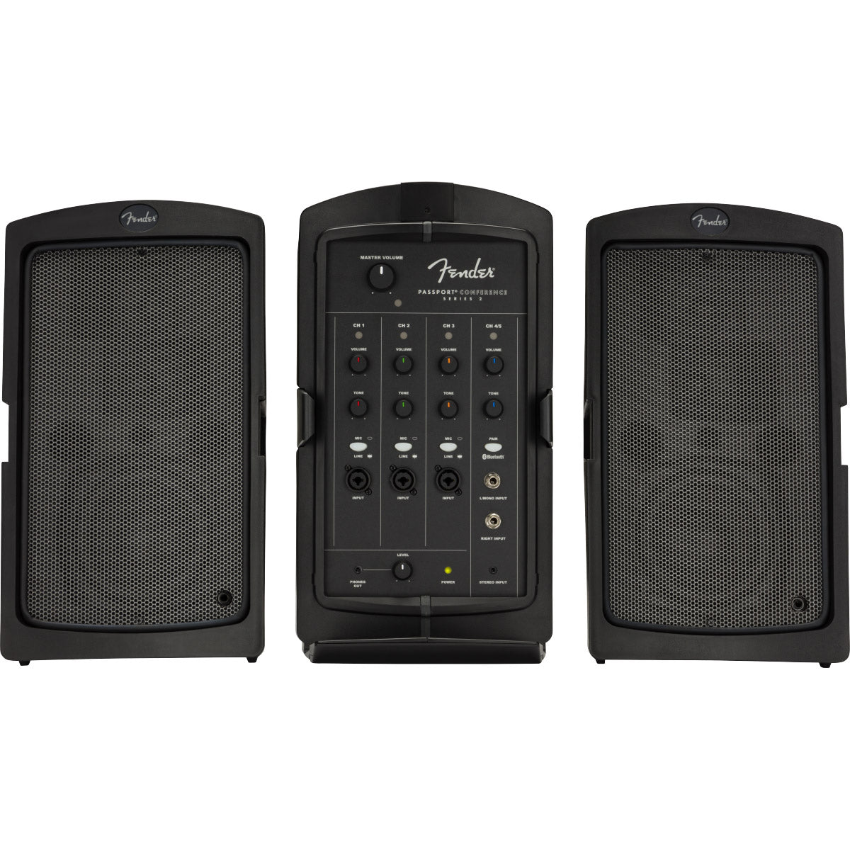 Front view separated components of Fender Passport Conference Series 2 including two speakers and mixer