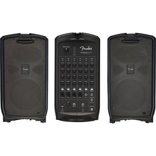 Front view separated components of Fender Passport Event Series 2 including two speakers and mixer