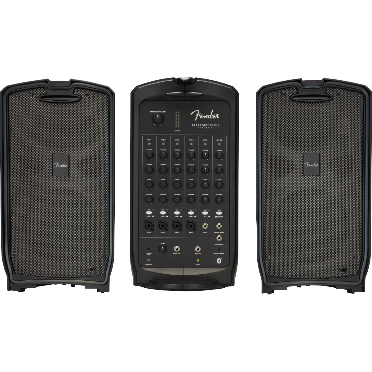 Front view separated components of Fender Passport Event Series 2 including two speakers and mixer