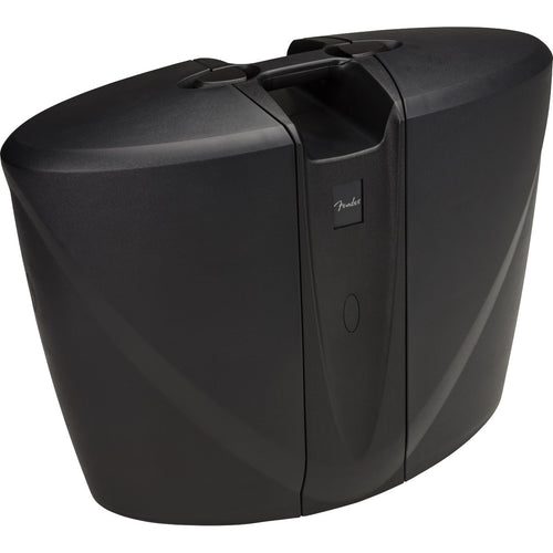 3/4 view showing outer case front, top and handle of Fender Passport Event Series 2 in travel configuration with speakers attached to mixer
