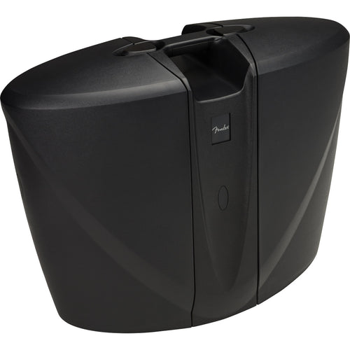 3/4 view showing outer case front, top and handle of Fender Passport Venue Series 2 in travel configuration with speakers attached to mixer