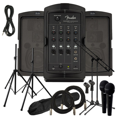 Bundle collage image of Fender Passport Conference Series 2 Portable PA System AUDIO ESSENTIALS BUNDLE