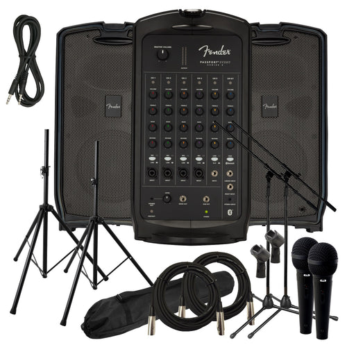 Bundle collage image of Fender Passport Event Series 2 Portable PA System AUDIO ESSENTIALS BUNDLE