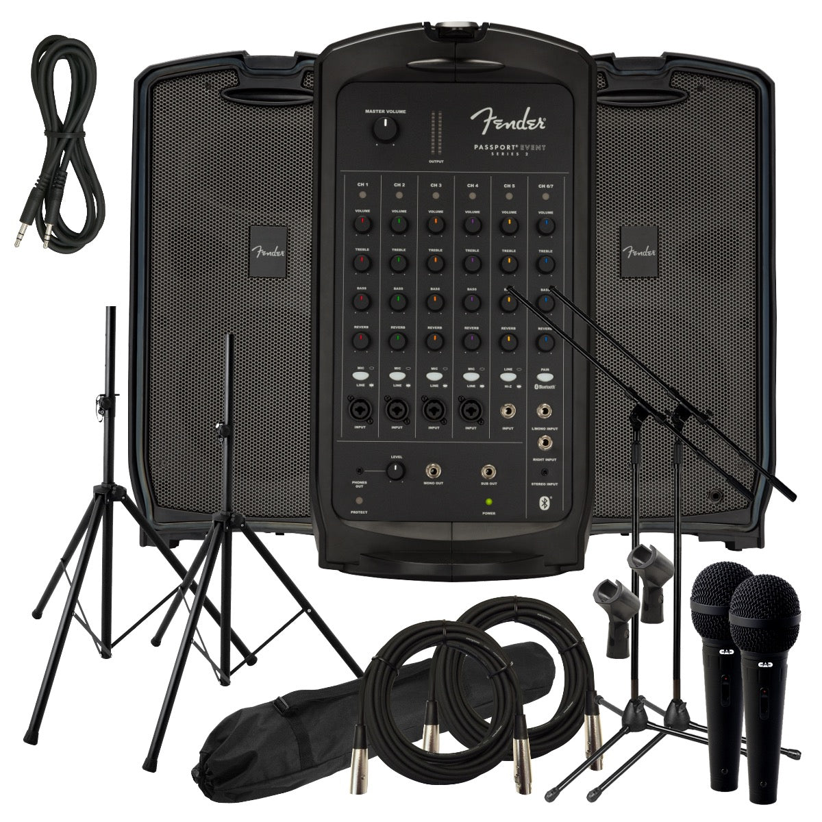 Bundle collage image of Fender Passport Event Series 2 Portable PA System AUDIO ESSENTIALS BUNDLE