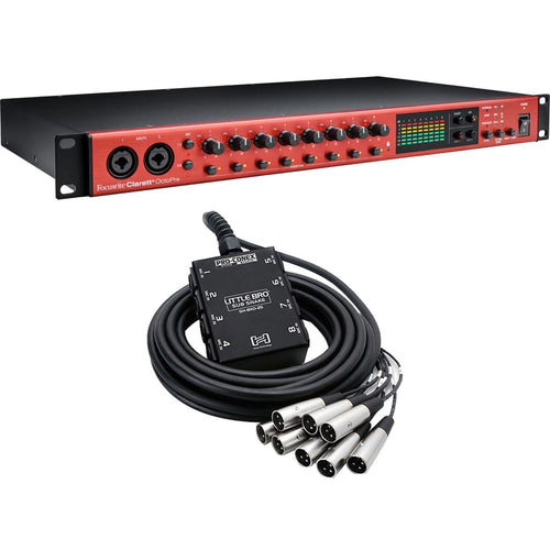 Collage showing components in Focusrite Clarett+ OctoPre 8-Channel Mic Preamp SUB SNAKE RIG