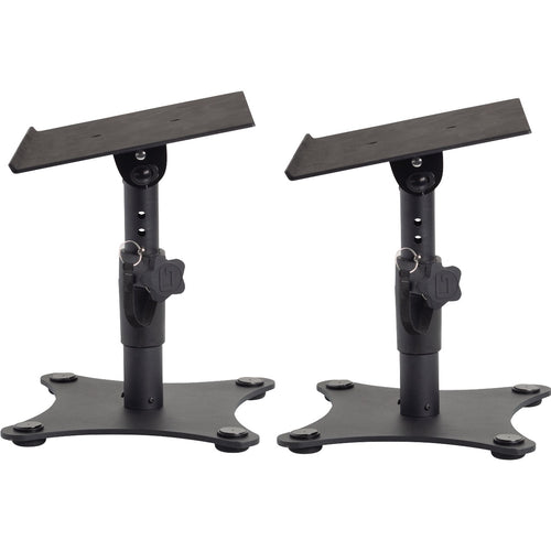 Pair of Gator Frameworks GFWSPKSTMNDSK Desktop Studio Monitor Stands at full height adjustment with top surfaces tilted