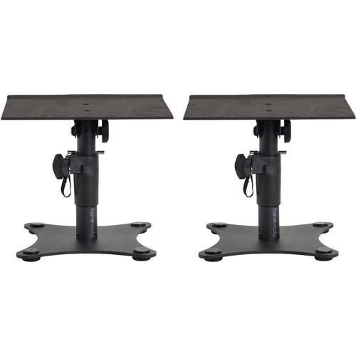 Pair of Gator Frameworks GFWSPKSTMNDSK Desktop Studio Monitor Stands with top surfaces flat