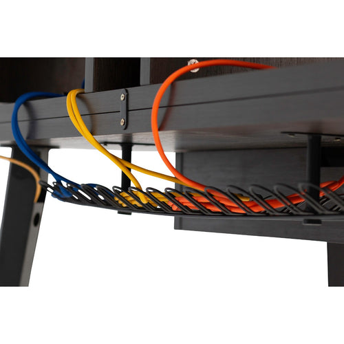 Cable rack under the Gator Frameworks Elite Series Furniture Desk - Brown on the Gator Frameworks Elite Series Furniture Desk - Brown with cables in it