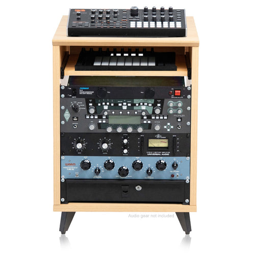 Left angled image of the Gator Frameworks Elite Series Furniture Desk 10U Rack - Maple with audio gear installed