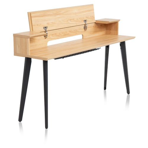 Right angled image of the Gator Frameworks Elite Series Keyboard Furniture 88 Note - Maple with the lid opened