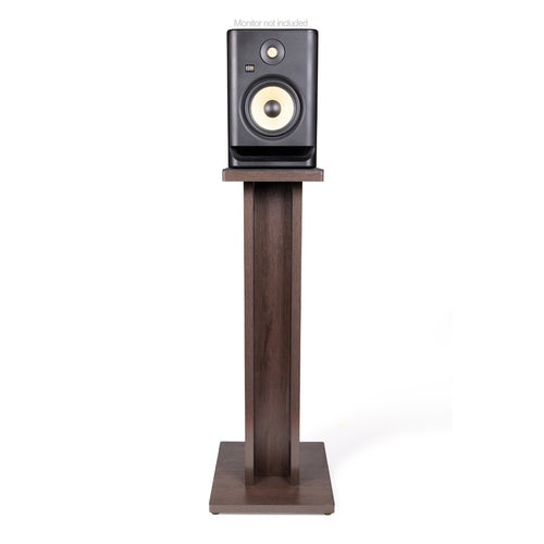 Front view of the Gator Frameworks Elite Series Studio Monitor Stand - Brown with a monitor on it