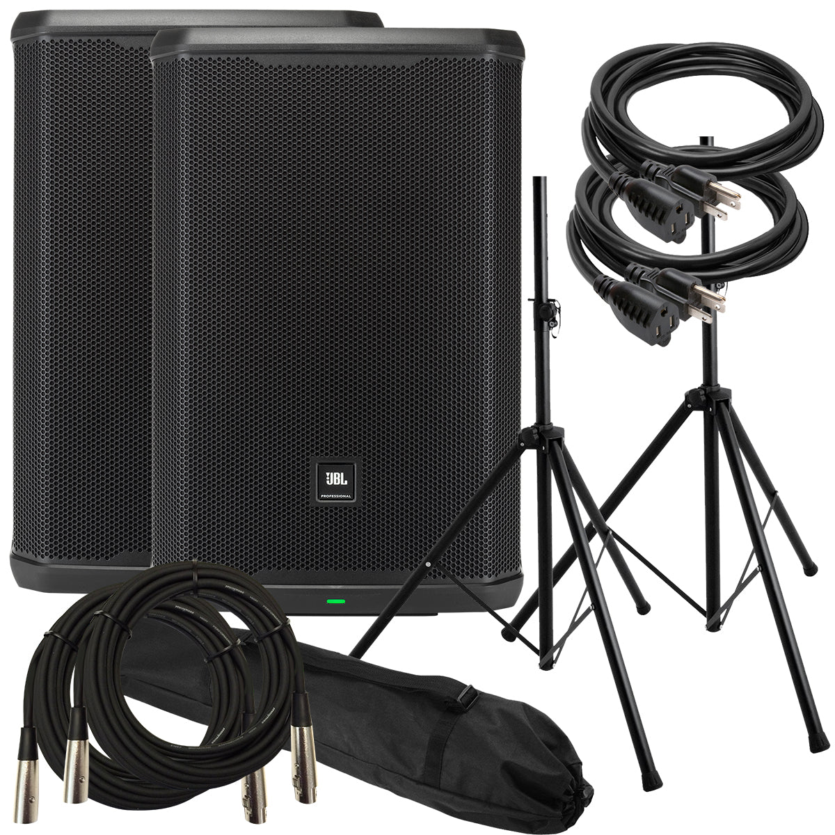 Collage of everything included with the JBL PRX915 15" Powered Speaker AUDIO ESSENTIALS BUNDLE