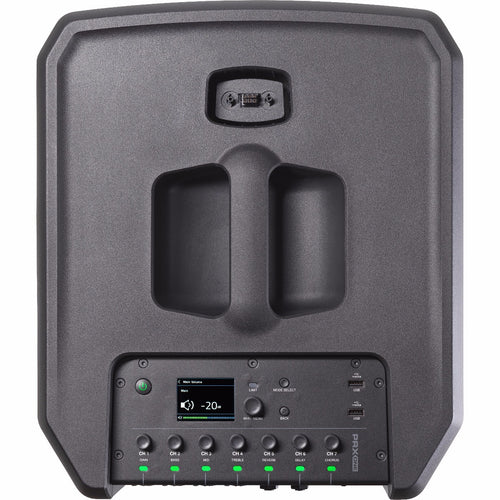 Detail view of JBL PRX One showing top of subwoofer including control panel