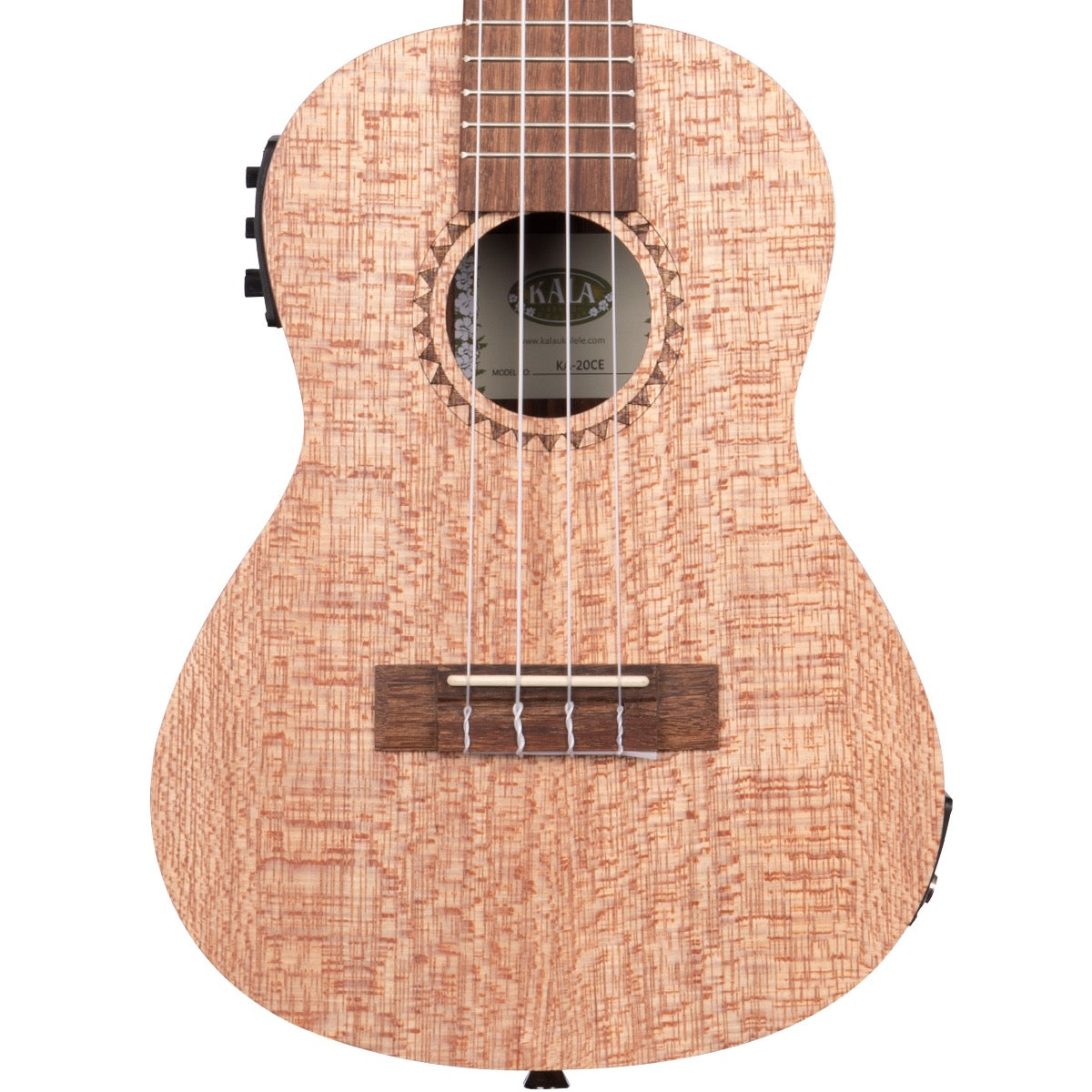 Close-up top view of Kala KA-20CE Burled Meranti Ac-El Concert Ukulele showing body and portion of fretboard
