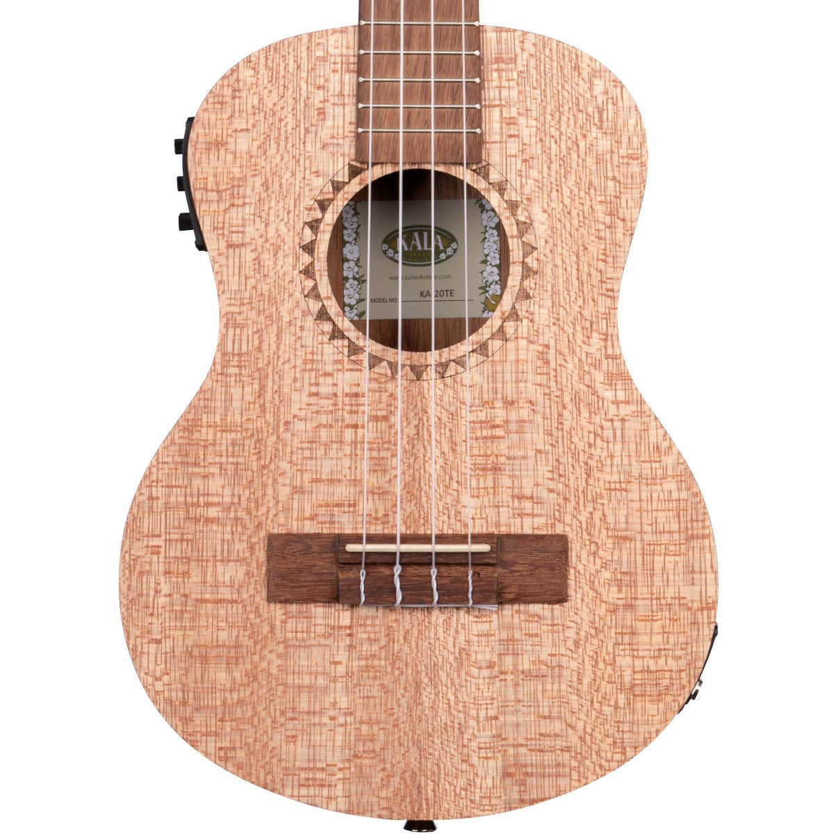 Close-up top view of Kala KA-20TE Burled Meranti Ac-El Tenor Ukulele showing body and portion of fretboard