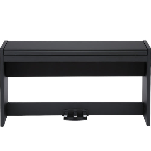 Perspective view of Korg LP-380U Digital Piano - Black with key cover closed showing top and front