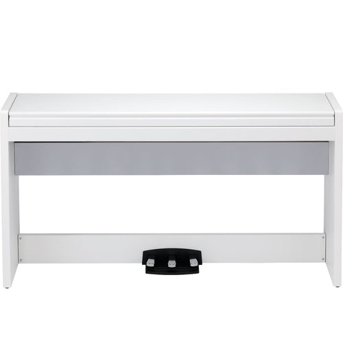 Perspective view of Korg LP-380U Digital Piano - White with key cover closed showing top and front
